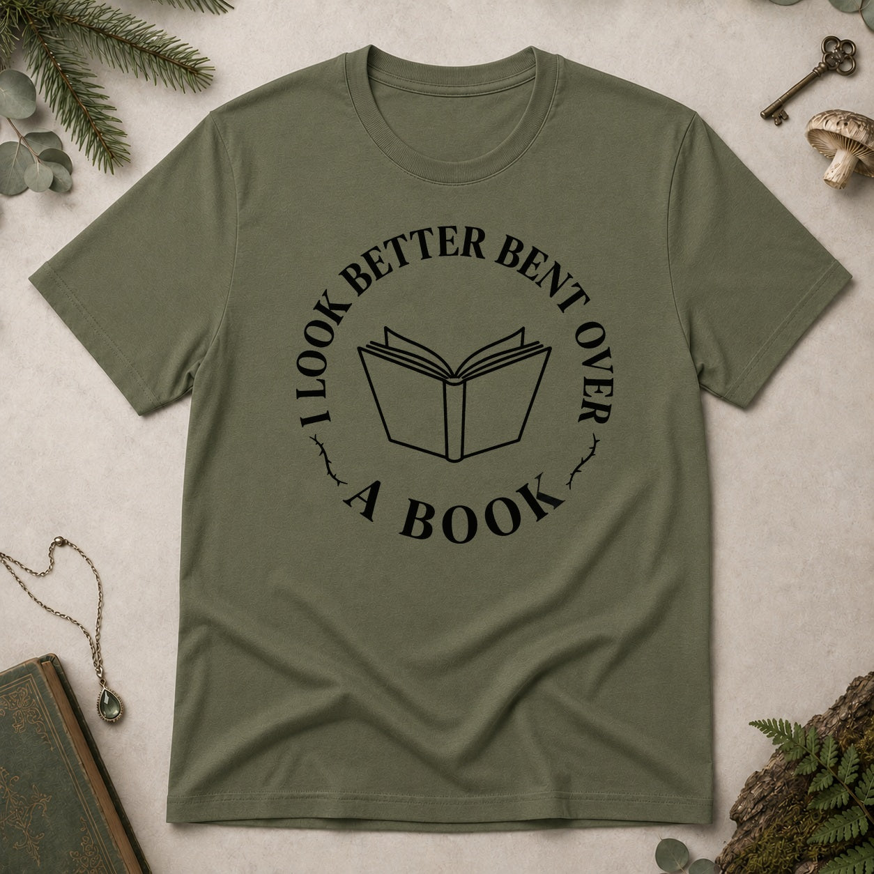Bent Over a Book T-Shirt - Military Green