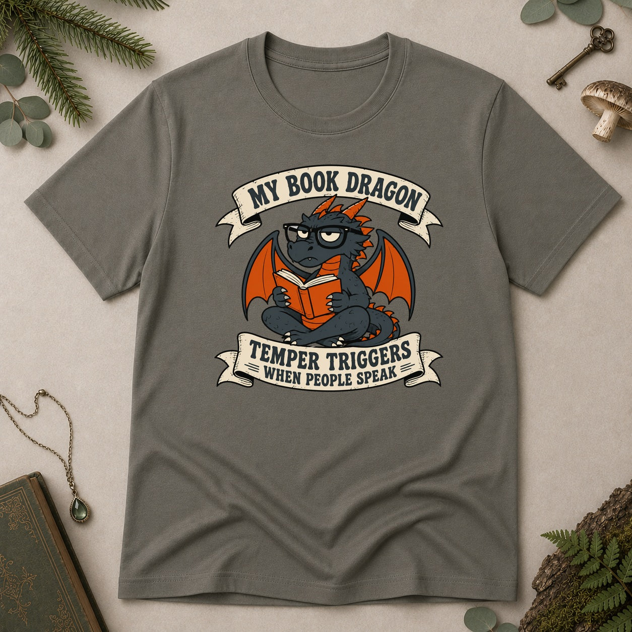 Book Dragon Temper T-Shirt - Charcoal