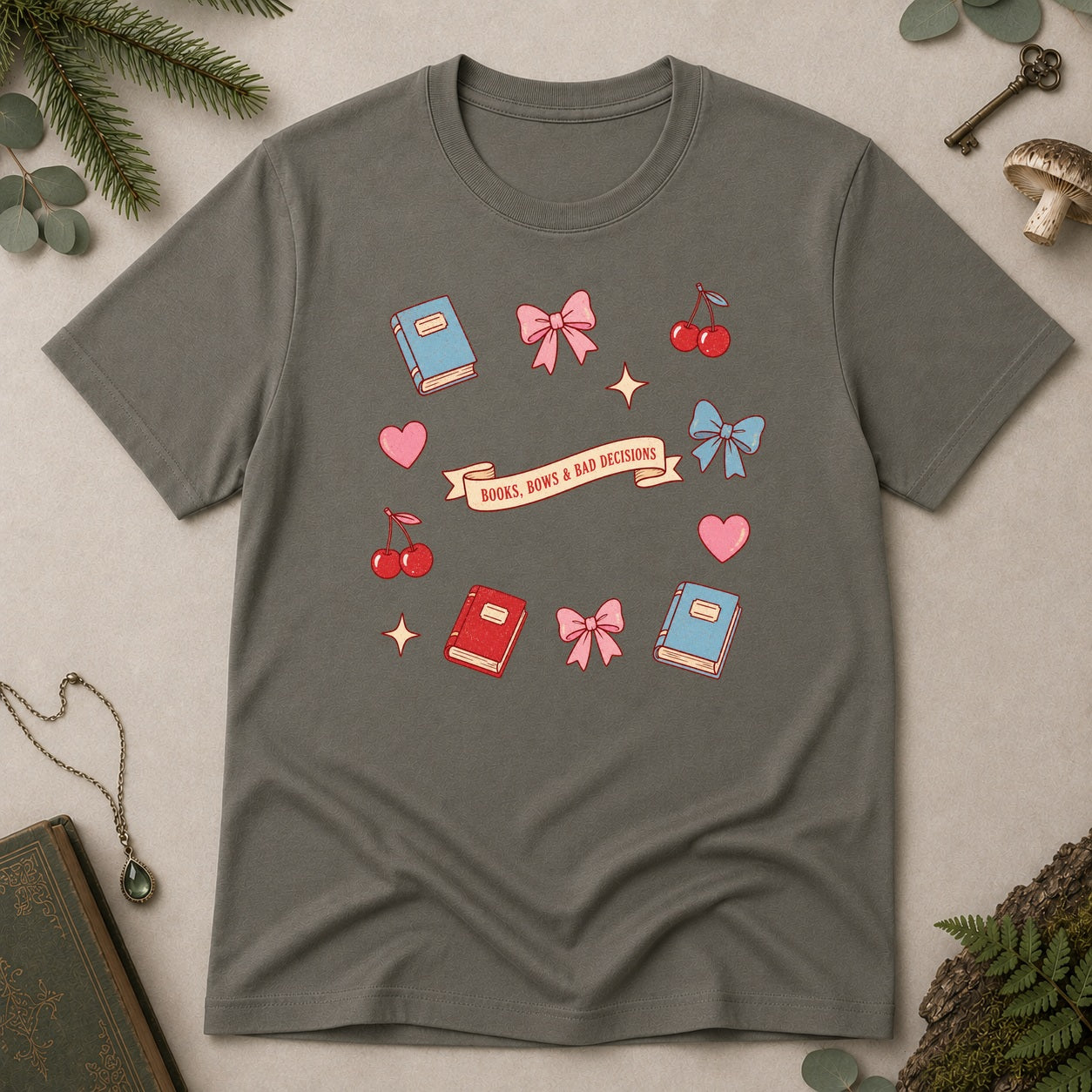 Books, Bows & Bad Decisions T-Shirt - Charcoal