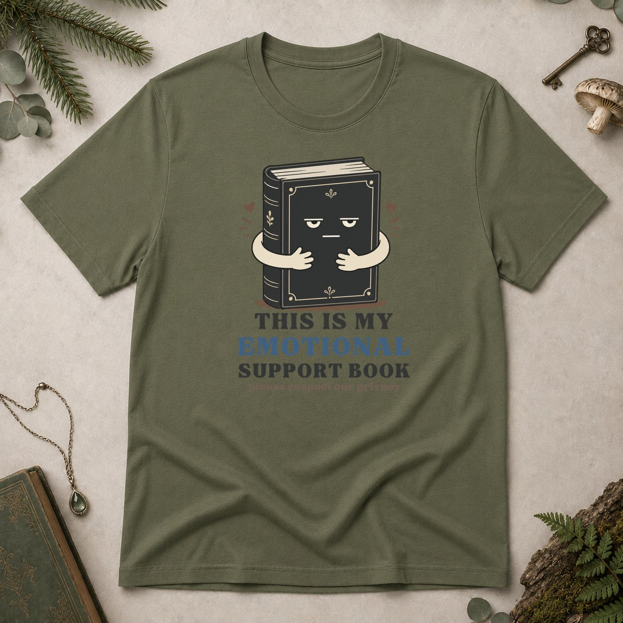 Emotional Support Book T-Shirt - Military Green