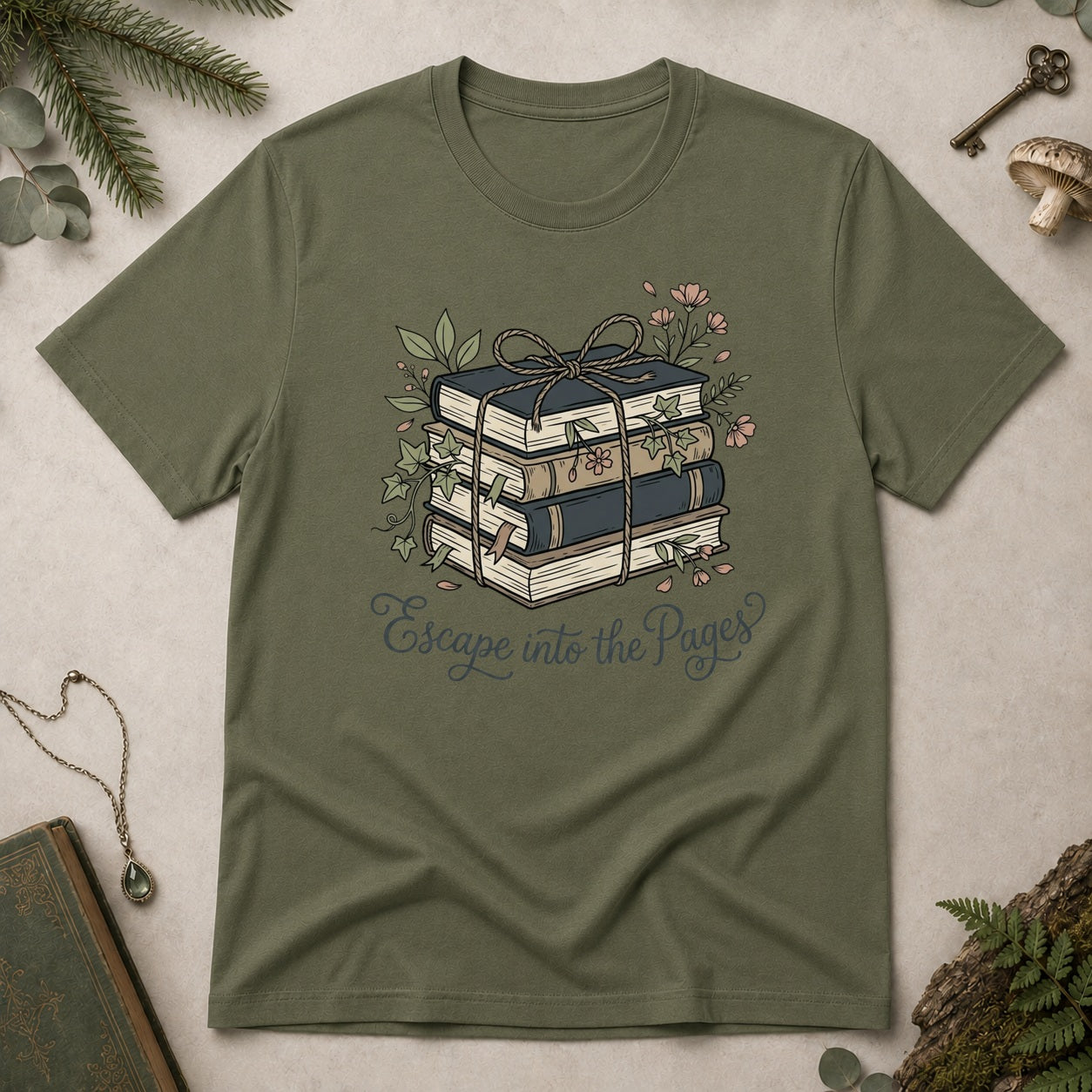 Escape Into the Pages T-Shirt - Military Green