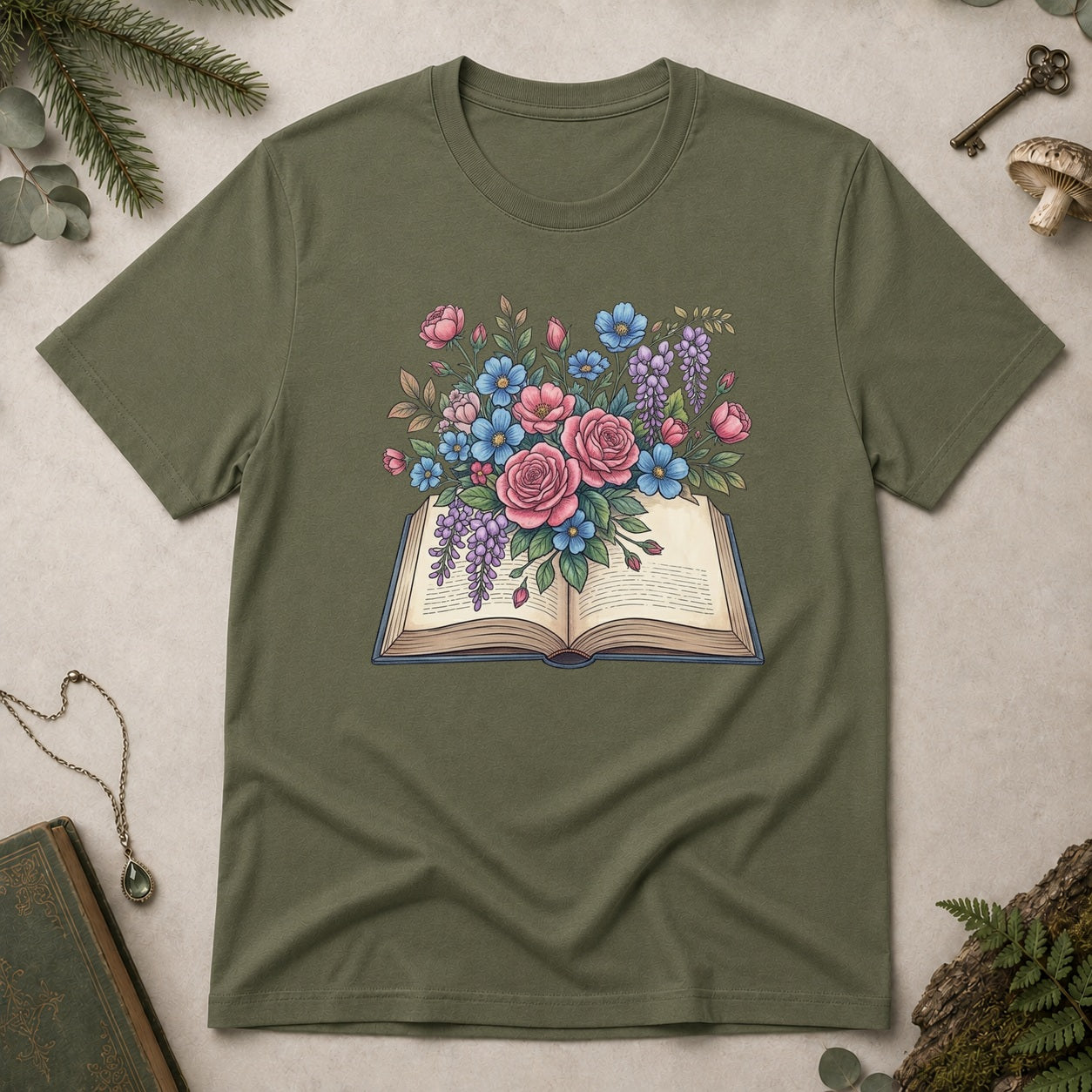 Flower Book T-Shirt - Military Green