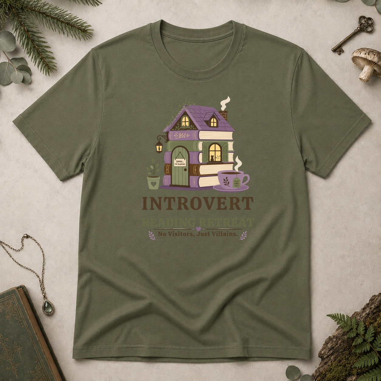 Introvert Reading Retreat T-Shirt - Military Green