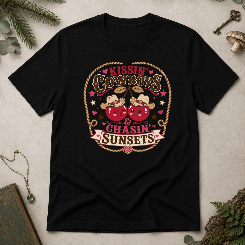 Kissin Cowboys and Chasin Sunsets T-Shirt - Black