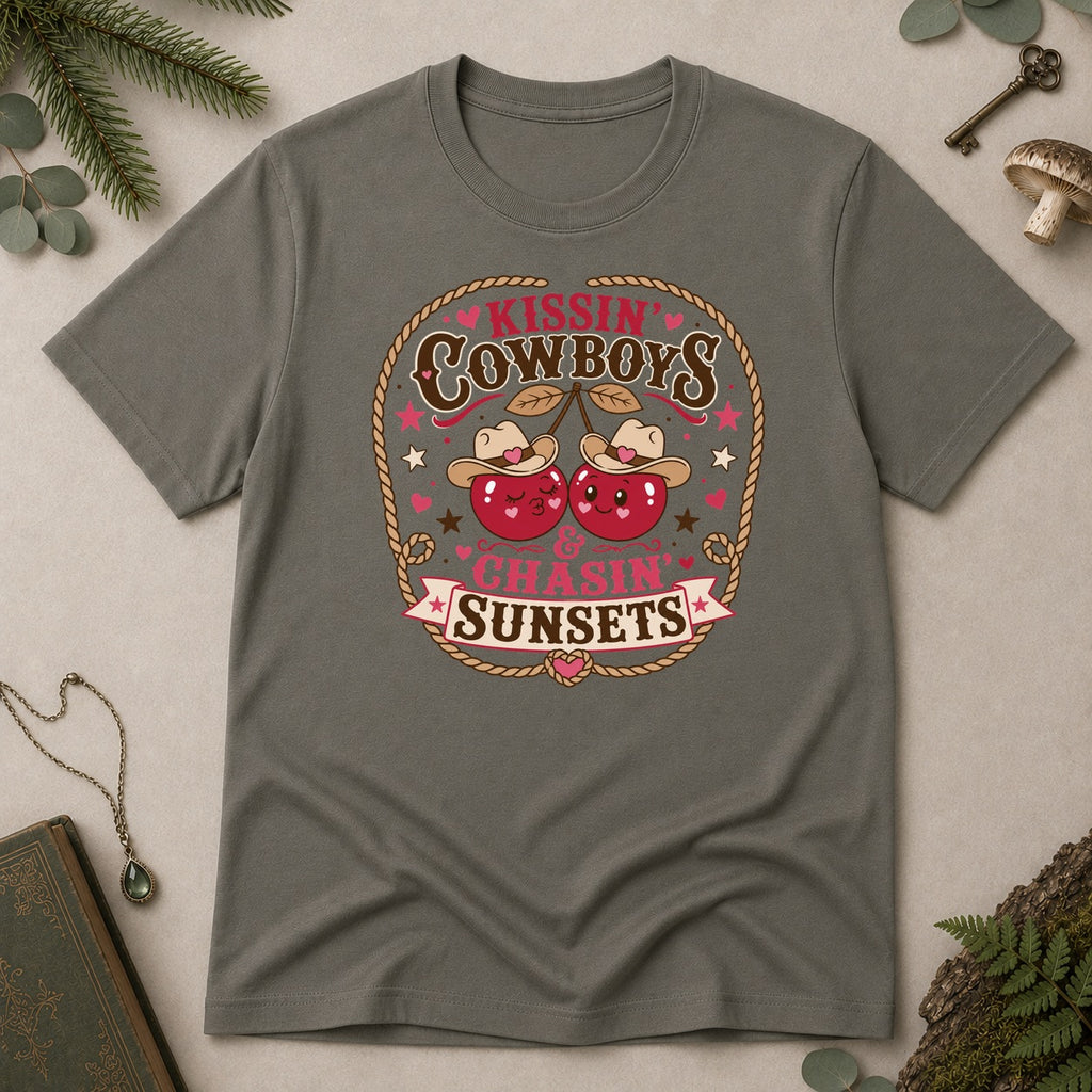 Kissin Cowboys and Chasin Sunsets T-Shirt - Charcoal