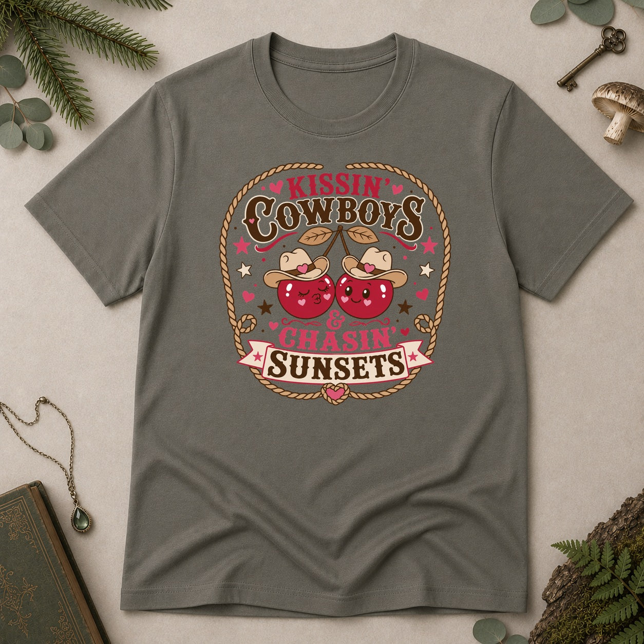 Kissin Cowboys and Chasin Sunsets T-Shirt - Charcoal