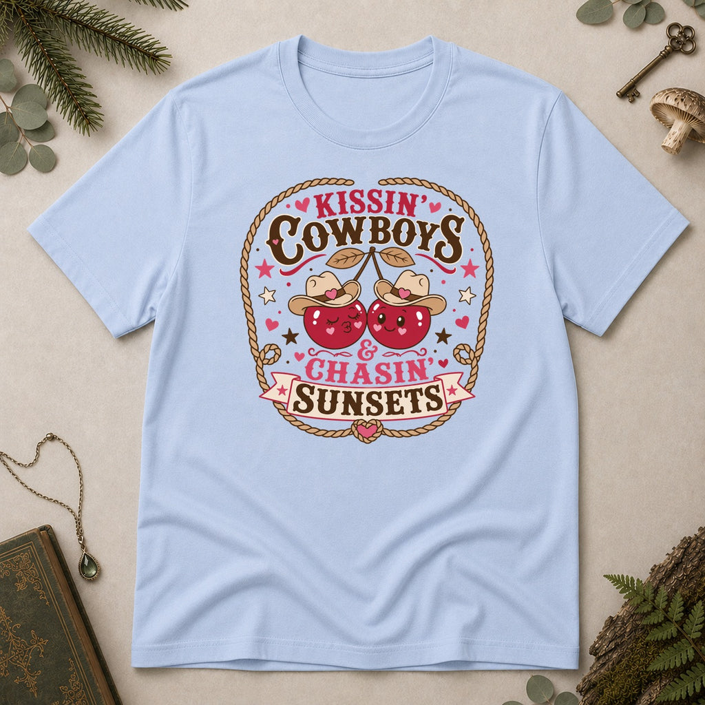 Kissin Cowboys and Chasin Sunsets T-Shirt - Light Blue