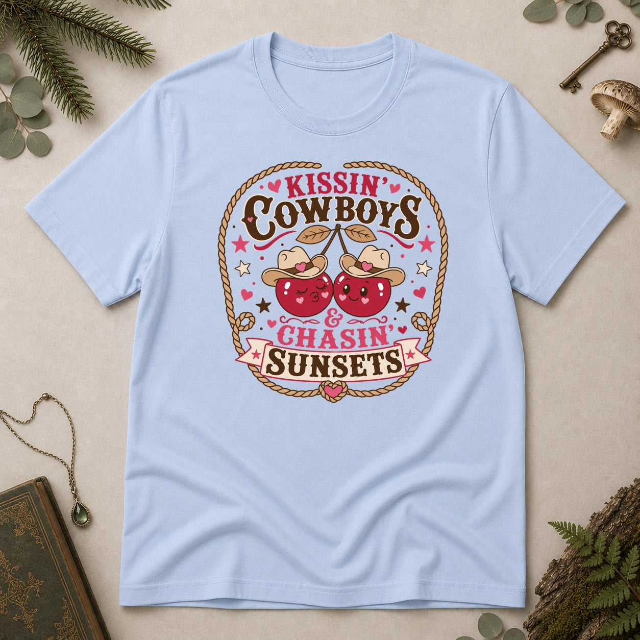 Kissin Cowboys and Chasin Sunsets T-Shirt - Light Blue