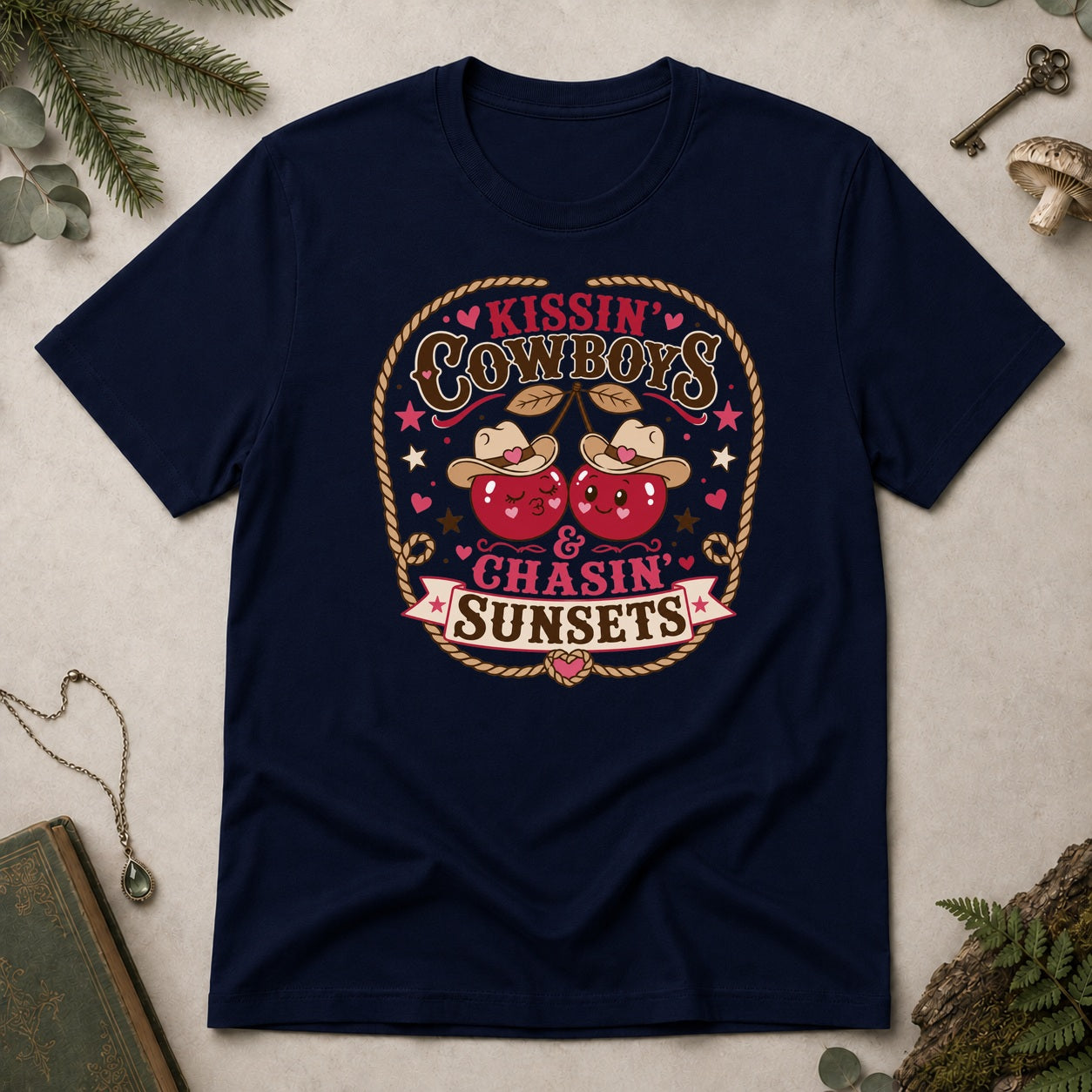 Kissin Cowboys and Chasin Sunsets T-Shirt - Navy