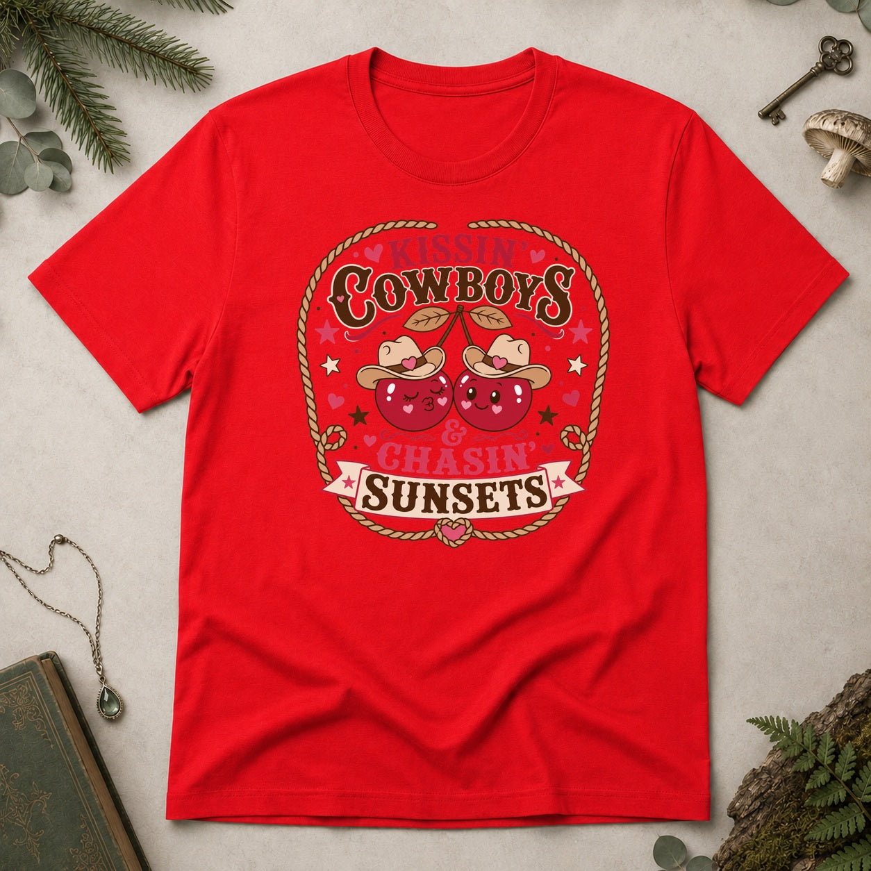 Kissin Cowboys and Chasin Sunsets T-Shirt - Red