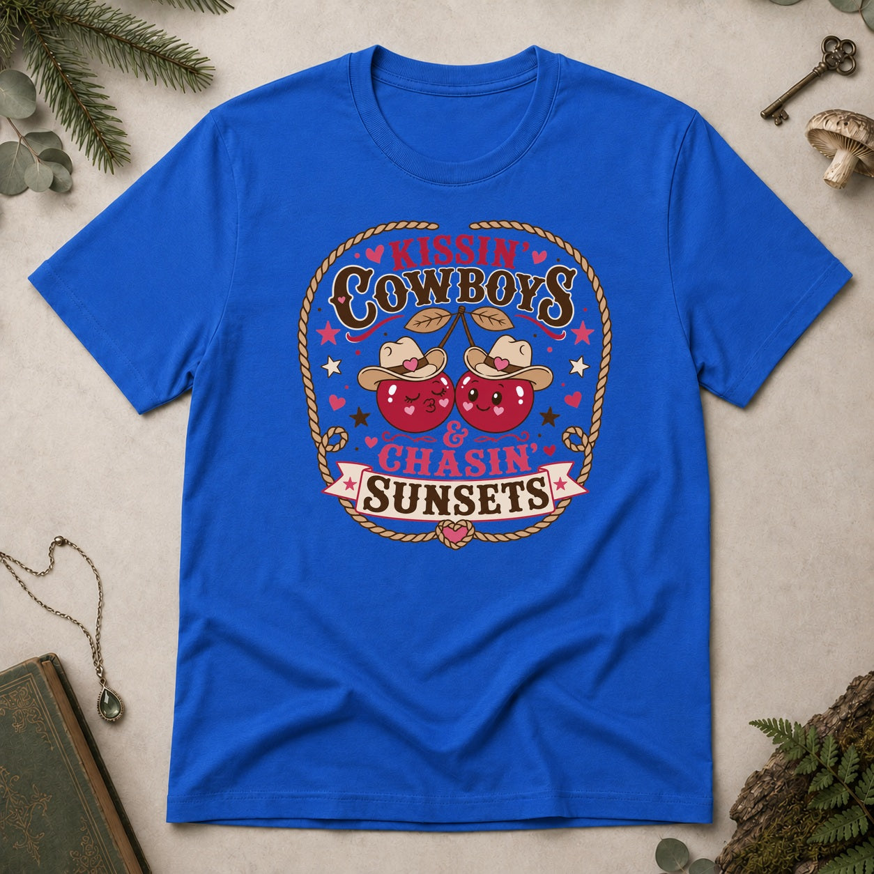 Kissin Cowboys and Chasin Sunsets T-Shirt - Royal