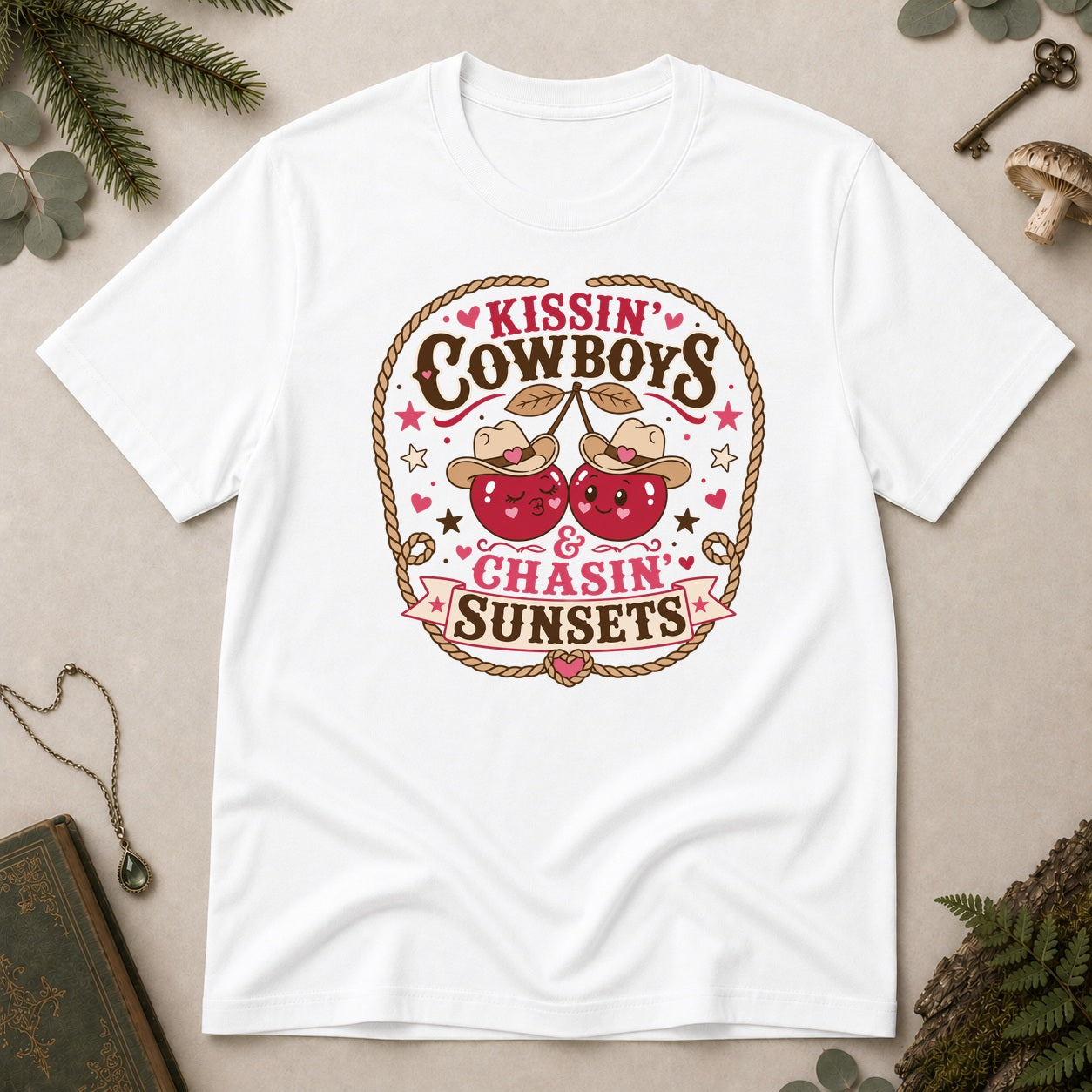 Kissin Cowboys and Chasin Sunsets T-Shirt - White