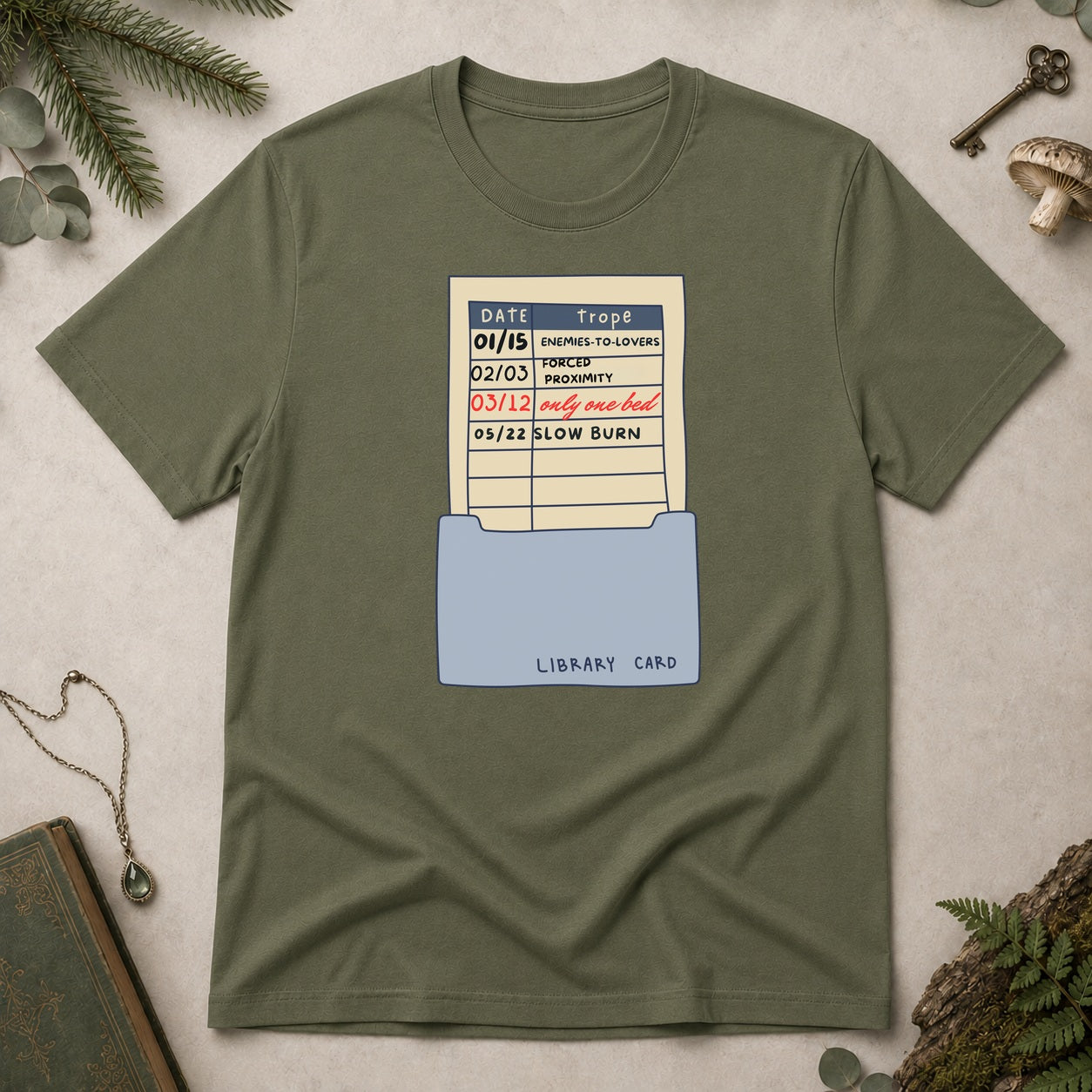 Library Card T-Shirt - Military Green