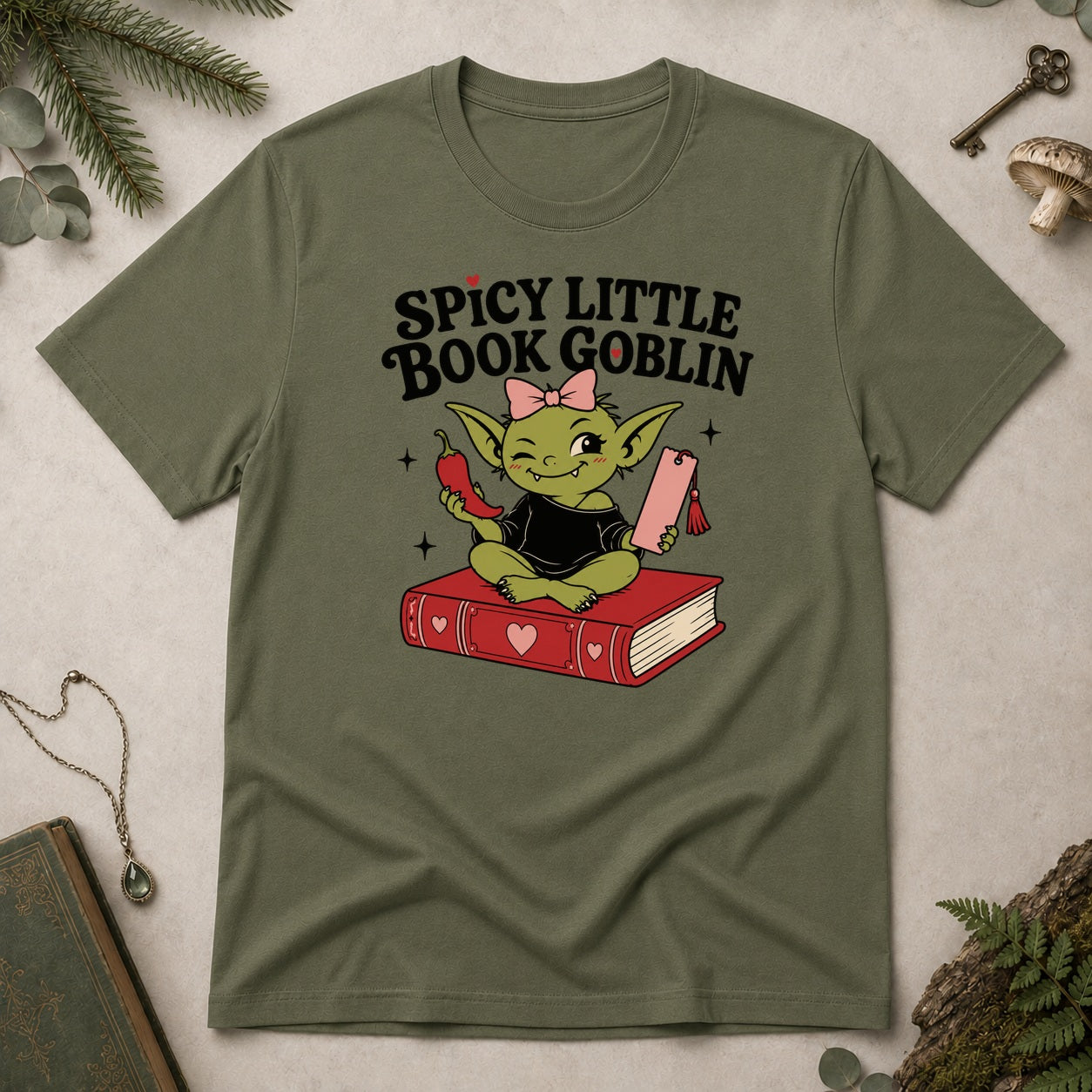 Spicy Little Book Goblin T-Shirt - Military Green